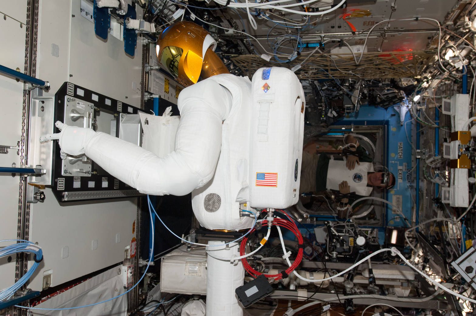 NASA Robonaut 2 at a task board during a 2013 teleoperation test aboard the International Space Station.