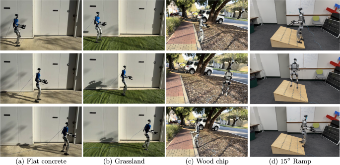 Four sequences showing the research humanoid walking on concrete, artificial grass, wood chips and a ramp.
