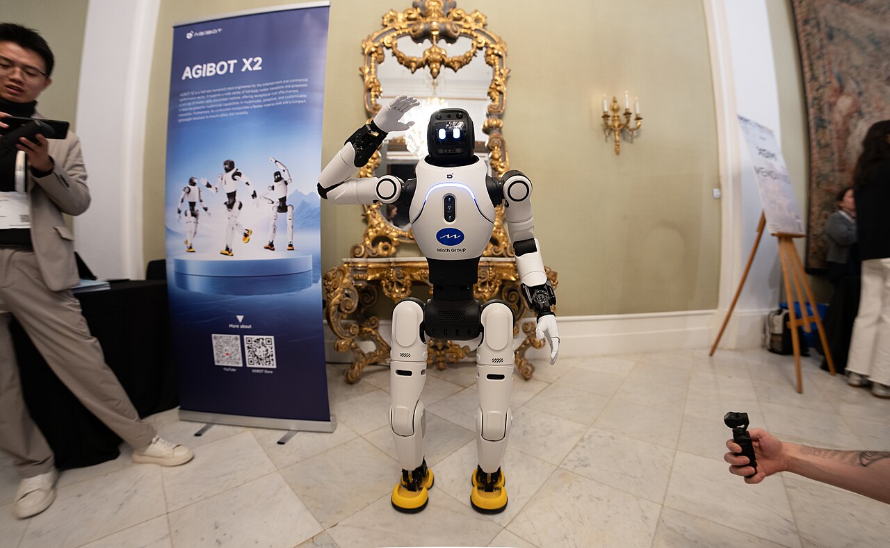 An AGIBOT X2 humanoid on display at Mobile World Congress in March 2026.
