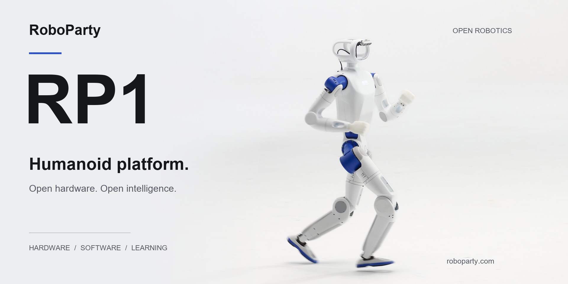 Official RoboParty artwork showing the white-and-blue RP1 humanoid platform.