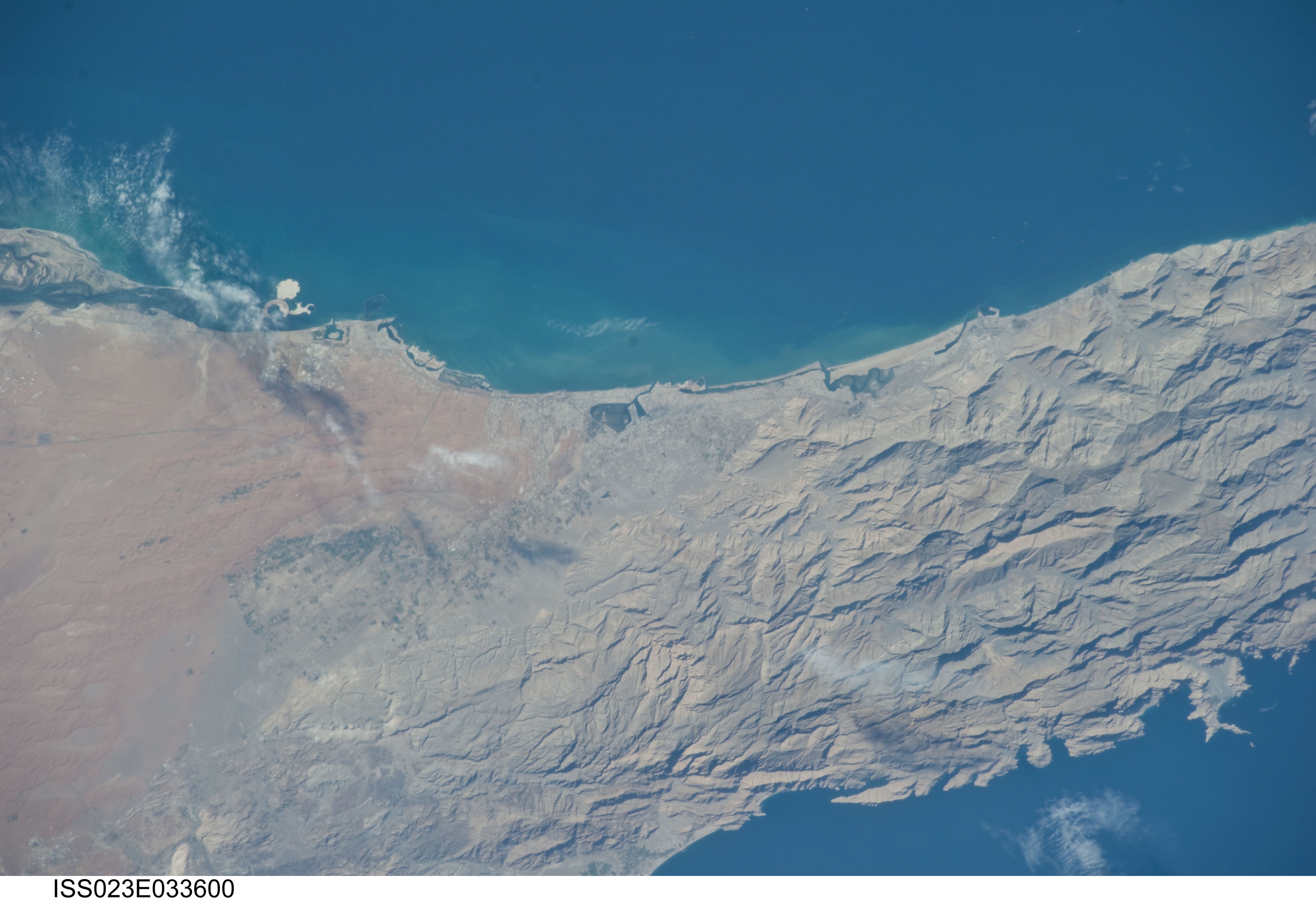 Orbital view of the Ras Al Khaimah coast and nearby mountain terrain
